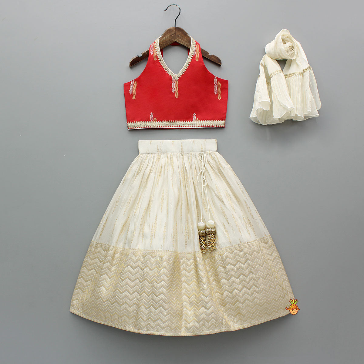 Pre Order: Red Halter Neck Top With Ivory Shade Lehenga And Dupatta