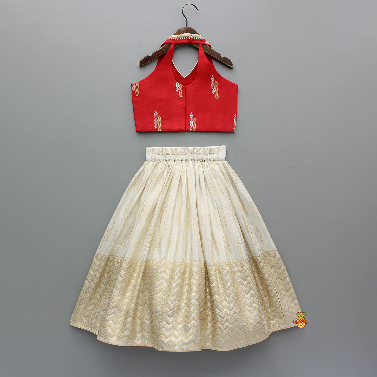 Pre Order: Red Halter Neck Top With Ivory Shade Lehenga And Dupatta