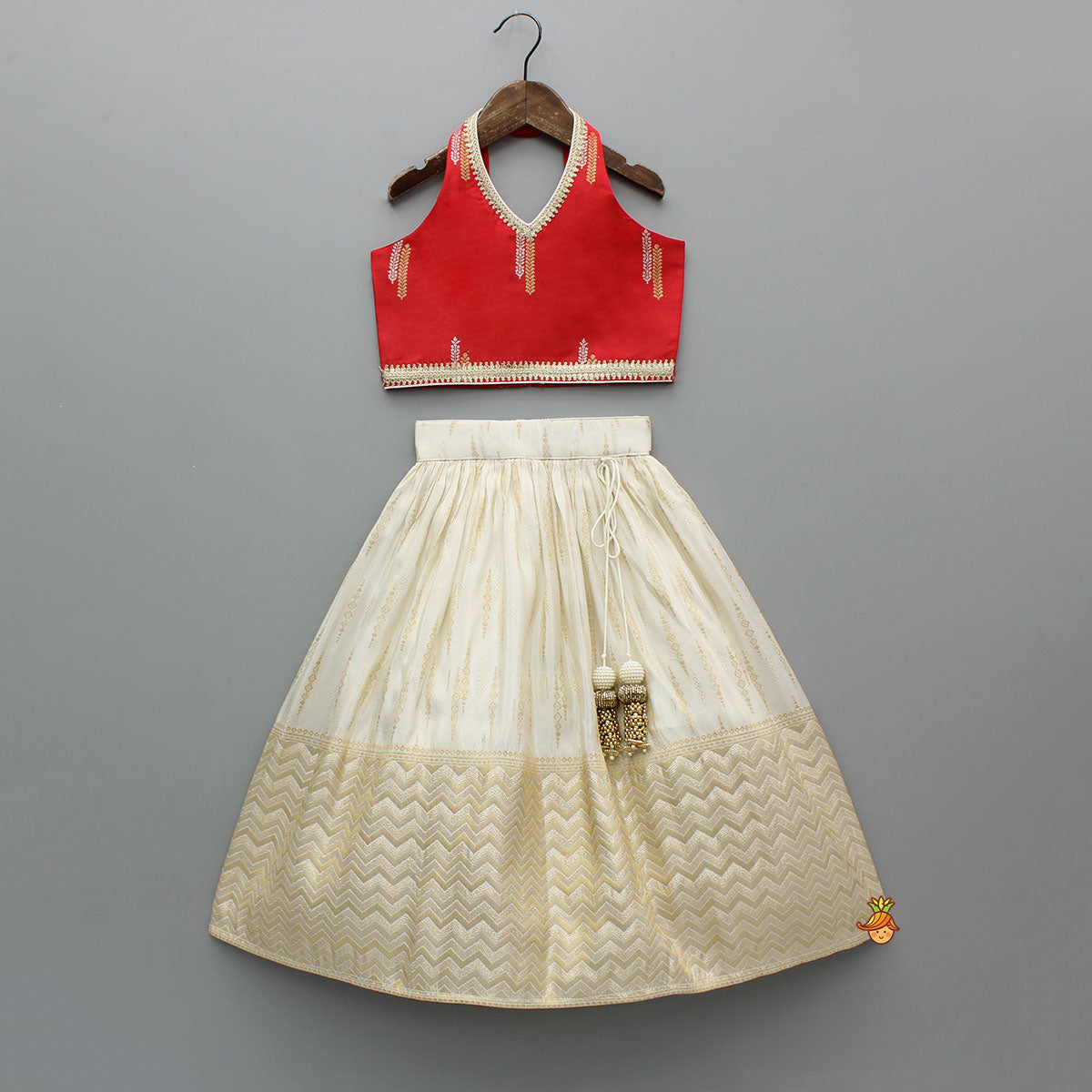 Pre Order: Red Halter Neck Top With Ivory Shade Lehenga And Dupatta