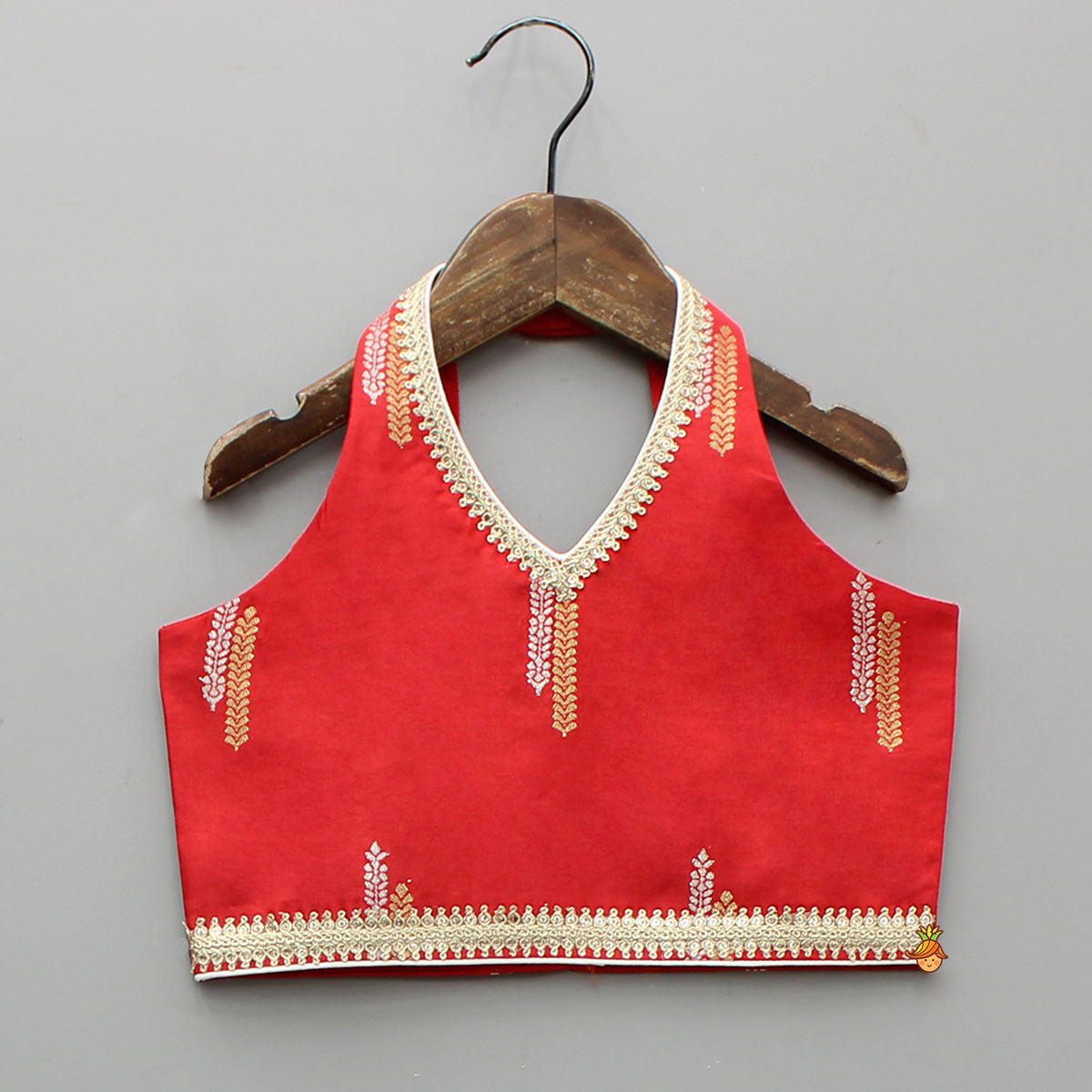 Pre Order: Red Halter Neck Top With Ivory Shade Lehenga And Dupatta