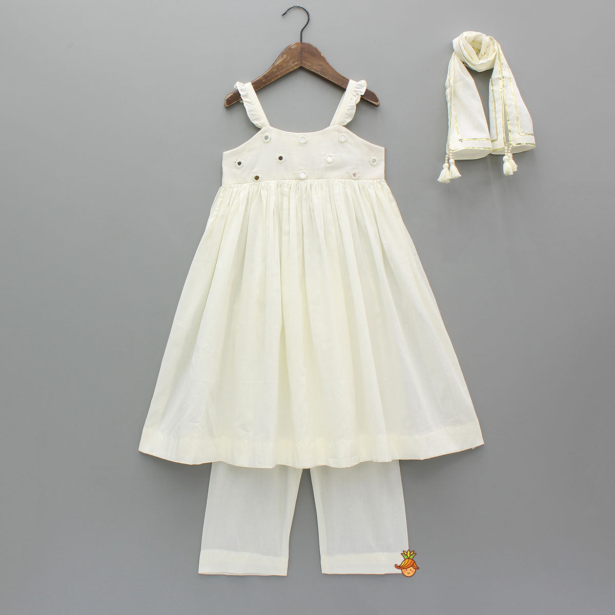 Pre Order: Elegant White Strappy Kurti With Pant And Dupatta