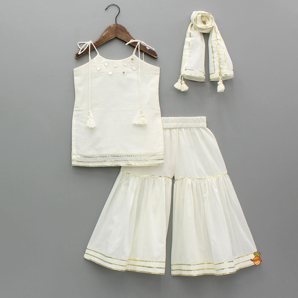 Pre Order: Elegant White Kurti With Sharara And Dupatta