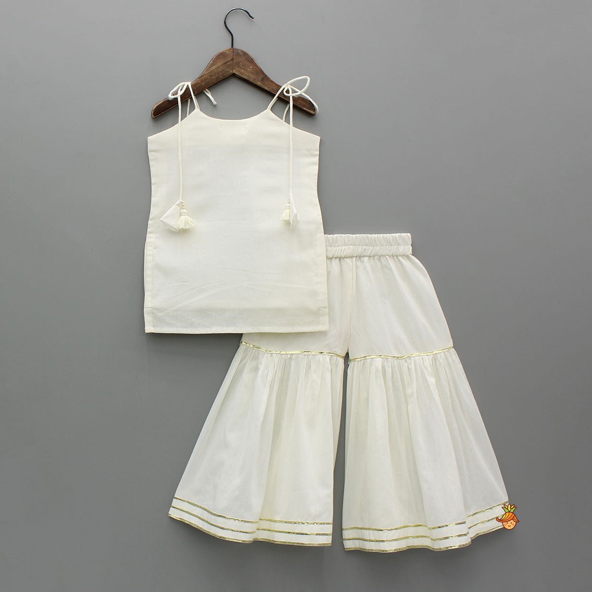 Pre Order: Elegant White Kurti With Sharara And Dupatta