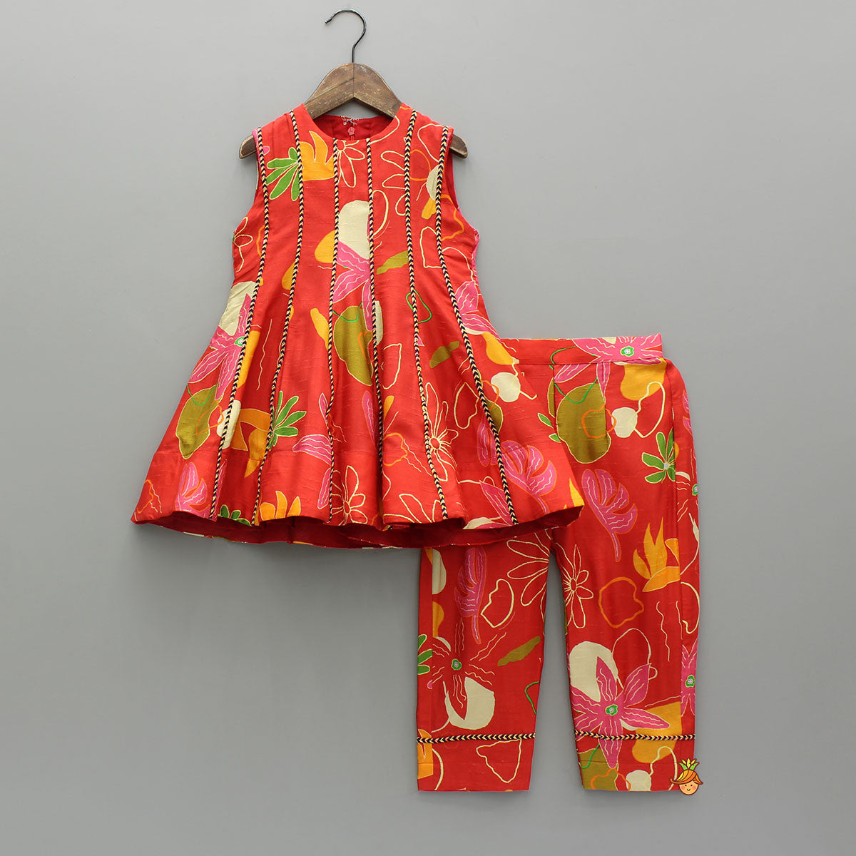 Pre Order: Red Floral Printed Sleeveless Kurti With Matching Pants