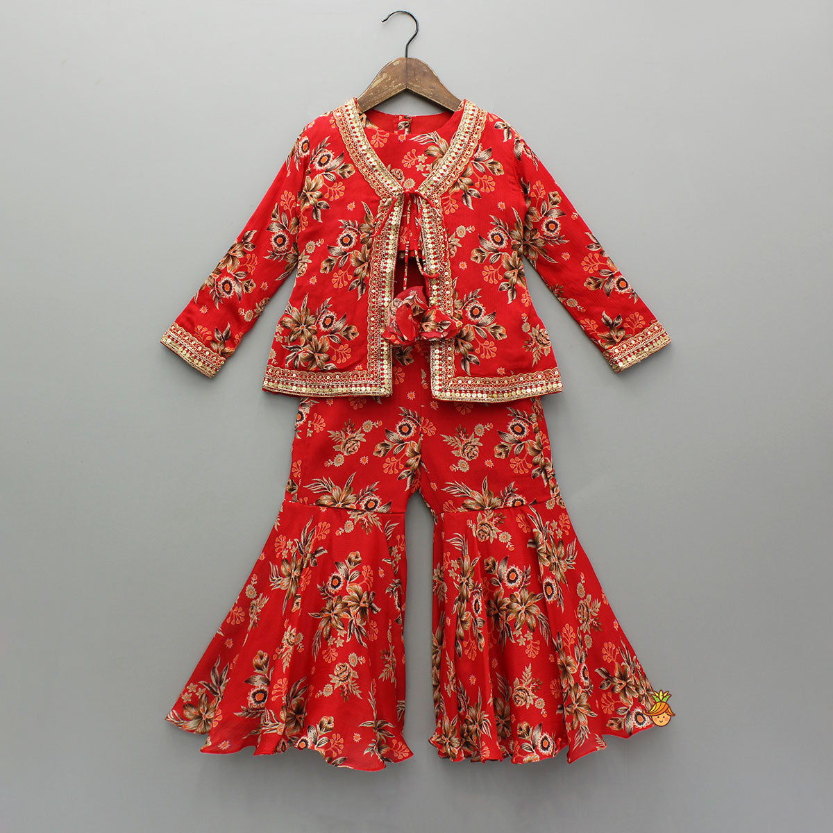 Pre Order: Beautiful Red Floral Printed Top With Tie-Up Jacket And Sharara