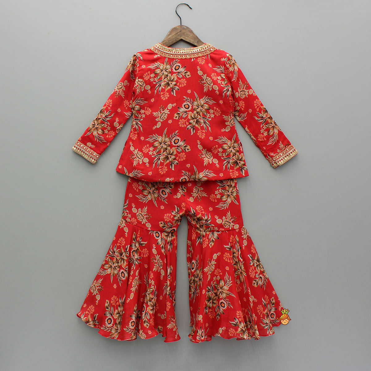Pre Order: Beautiful Red Floral Printed Top With Tie-Up Jacket And Sharara