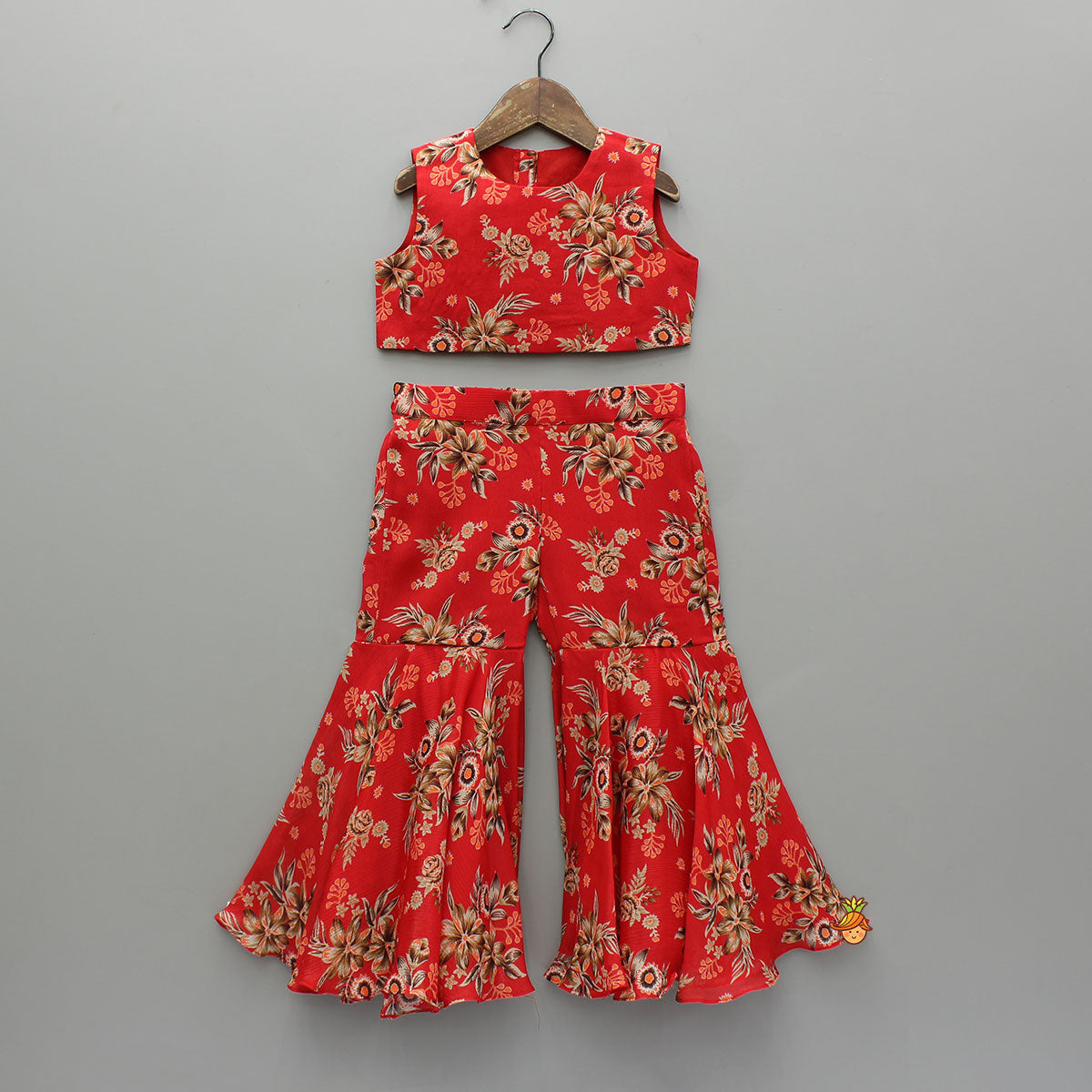 Pre Order: Beautiful Red Floral Printed Top With Tie-Up Jacket And Sharara
