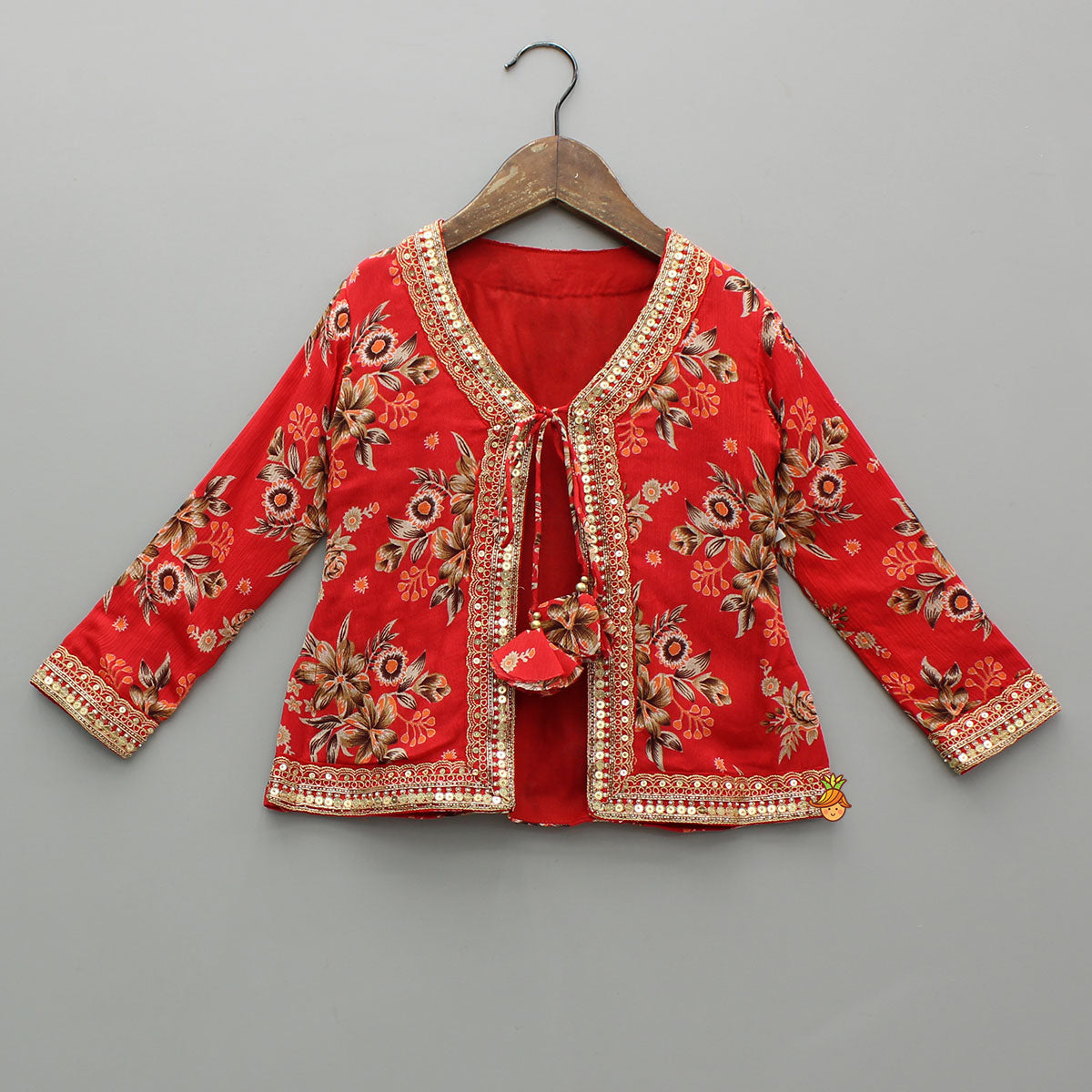 Pre Order: Beautiful Red Floral Printed Top With Tie-Up Jacket And Sharara
