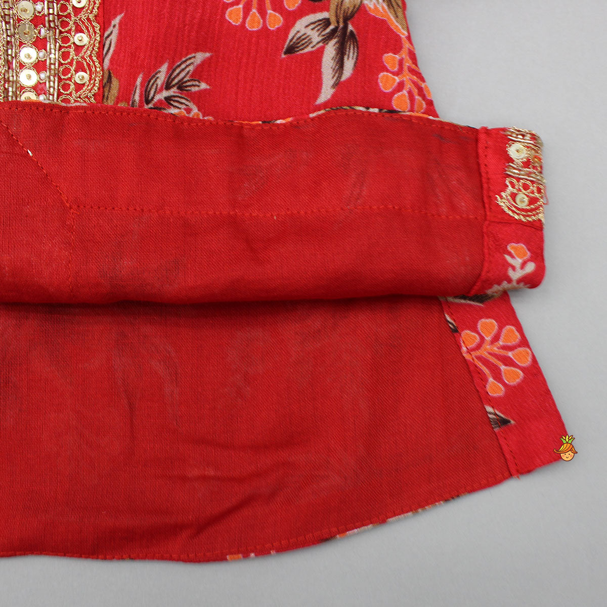 Pre Order: Beautiful Red Floral Printed Top With Tie-Up Jacket And Sharara