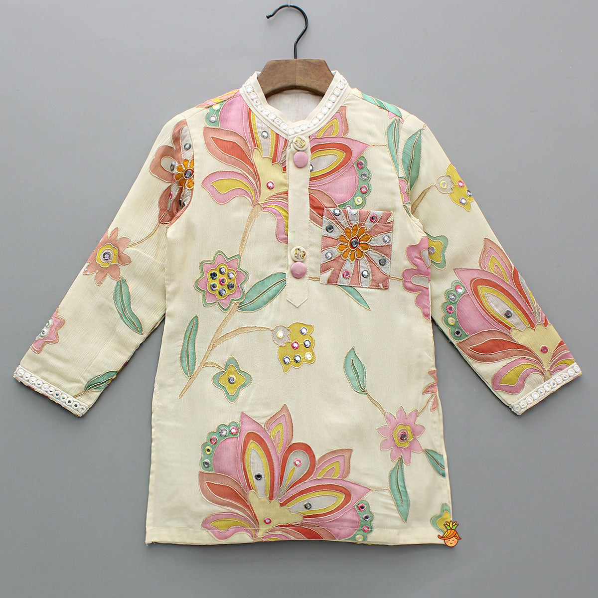 Pre Order: Off White Stylish Floral Kurta With White Pyjama