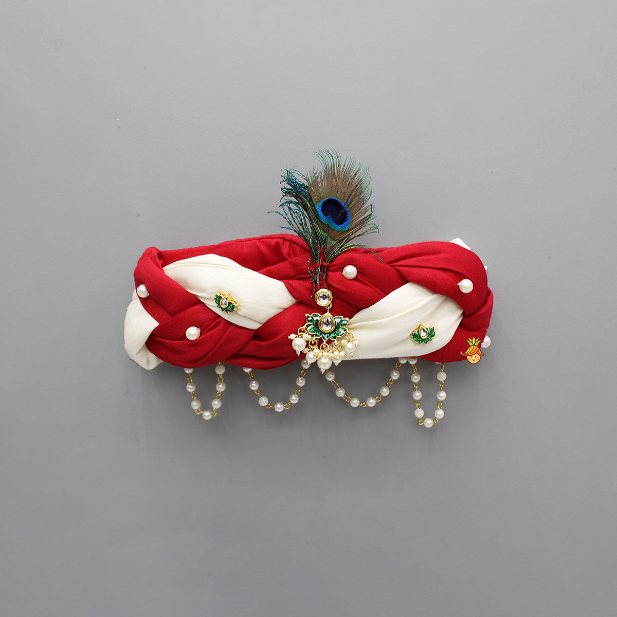Pre Order: Red And White Braided Head Band With Mor Pankh