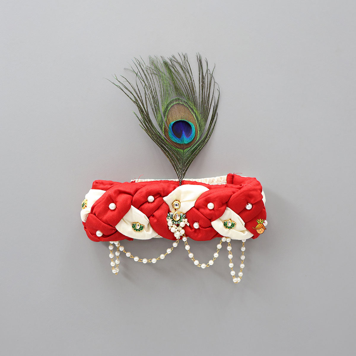 Pre Order: Red And White Braided Head Band With Mor Pankh
