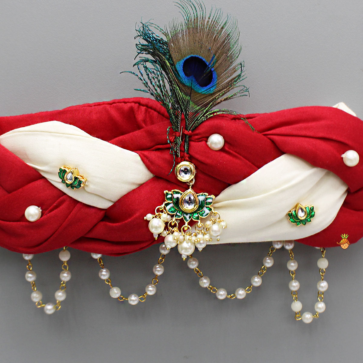 Pre Order: Red And White Braided Head Band With Mor Pankh