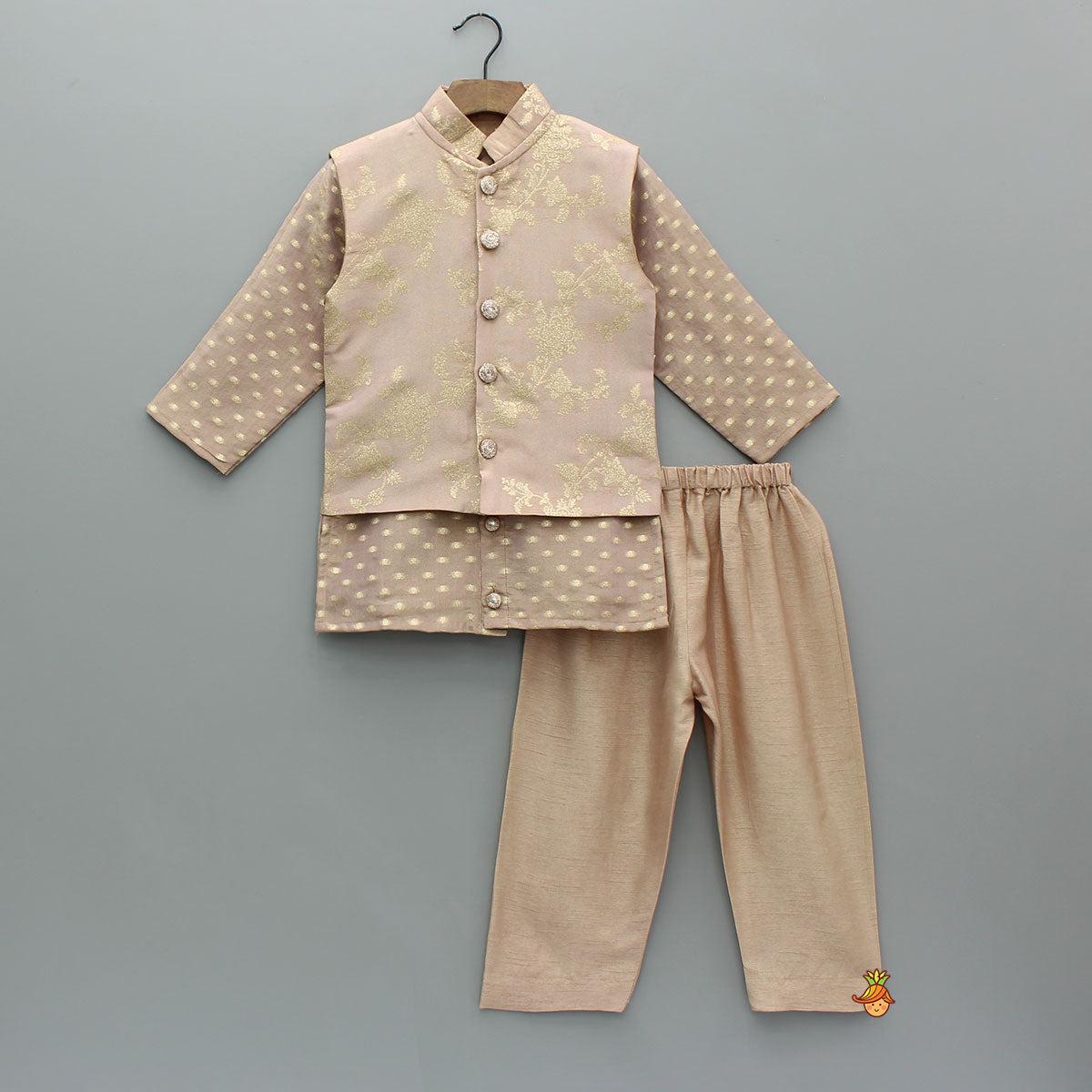 Pre Order: Shimmery Ethnic Brocade Kurta With Sleeveless Shimmery Jacket And Pyjama