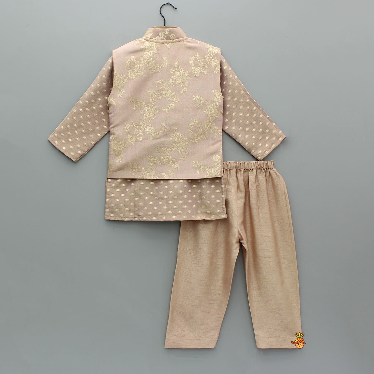 Pre Order: Shimmery Ethnic Brocade Kurta With Sleeveless Shimmery Jacket And Pyjama