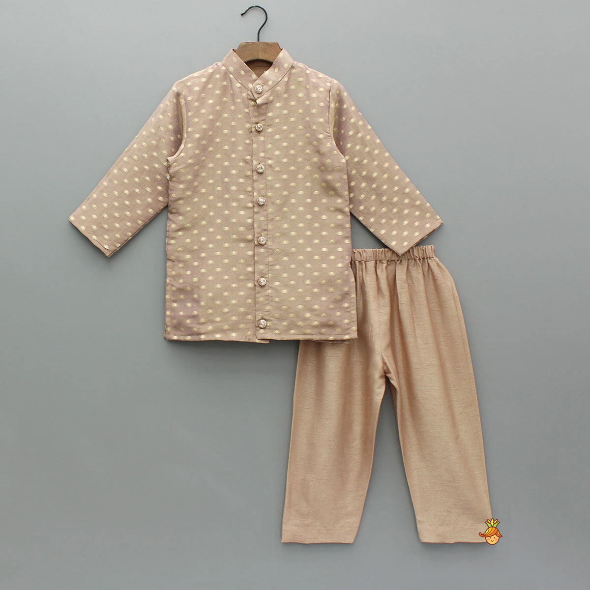 Pre Order: Shimmery Ethnic Brocade Kurta With Sleeveless Shimmery Jacket And Pyjama