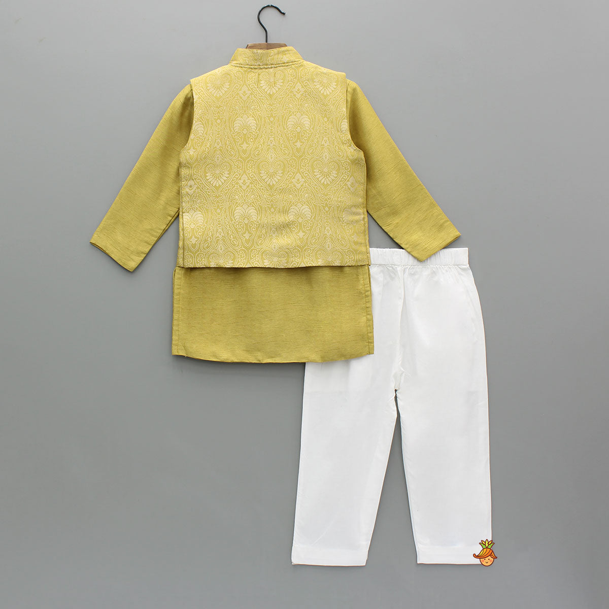Pre Order: Yellow Kurta With Brocade Jacket And White Pyjama