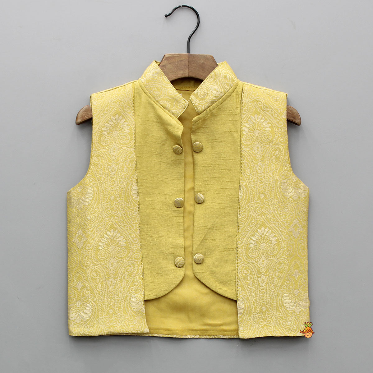Pre Order: Yellow Kurta With Brocade Jacket And White Pyjama