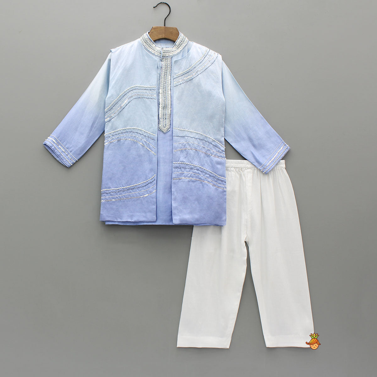 Pre Order: Blue Ombre Kurta With Front Open Embroidered Ombre Jacket And Pyjama