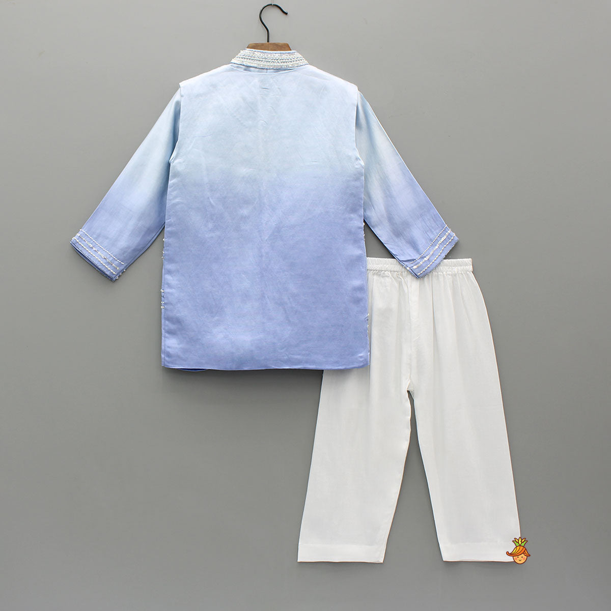 Pre Order: Blue Ombre Kurta With Front Open Embroidered Ombre Jacket And Pyjama