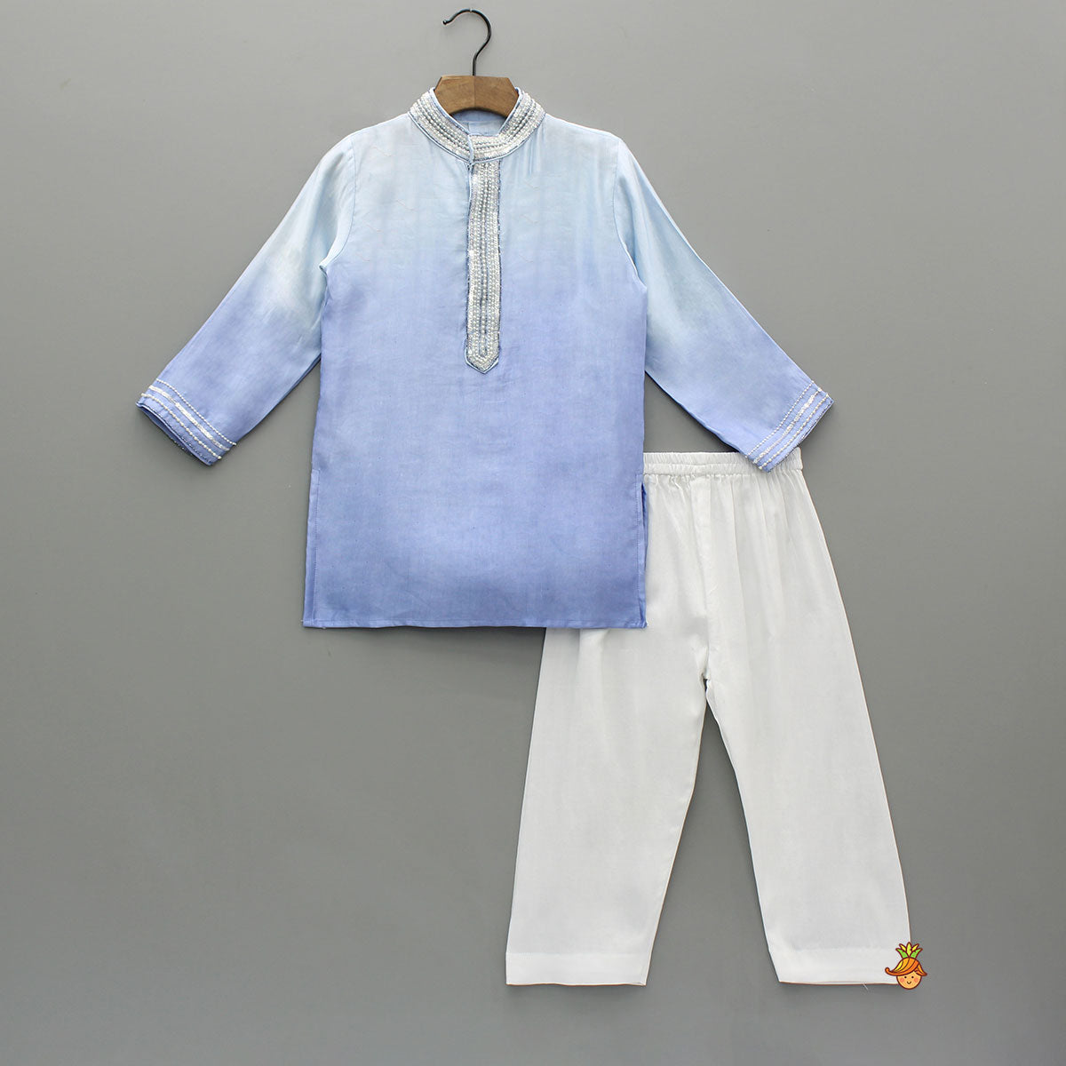 Pre Order: Blue Ombre Kurta With Front Open Embroidered Ombre Jacket And Pyjama