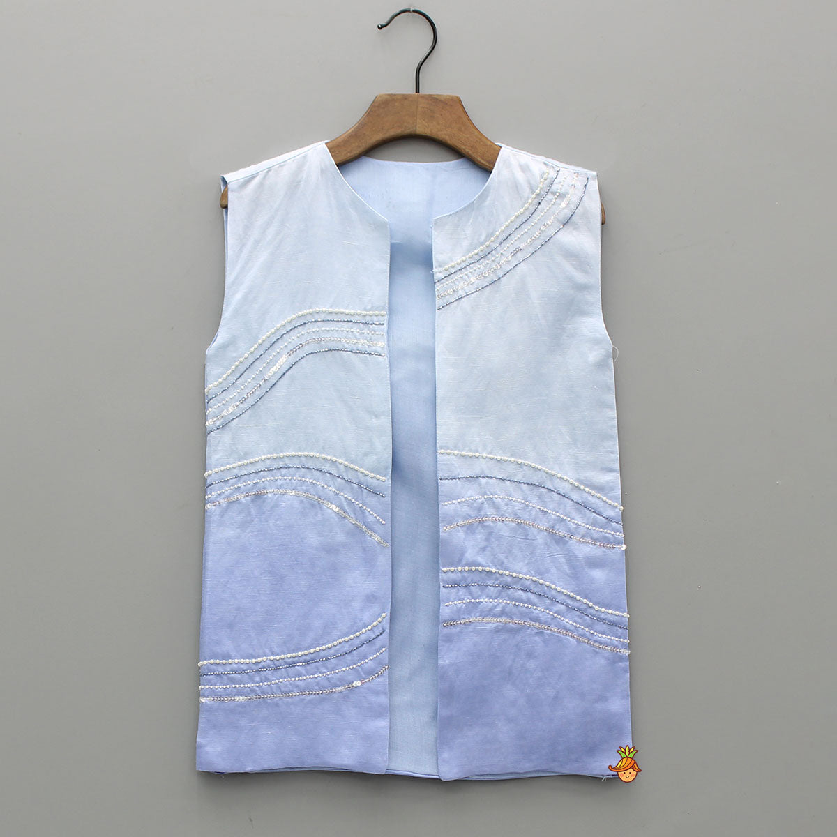 Pre Order: Blue Ombre Kurta With Front Open Embroidered Ombre Jacket And Pyjama