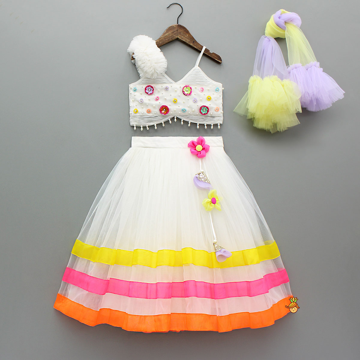 Pre Order: Spaghetti Straps Top And Fabric Flower Tassels Enhanced Lehenga With Dual Tone Stylish Dupatta