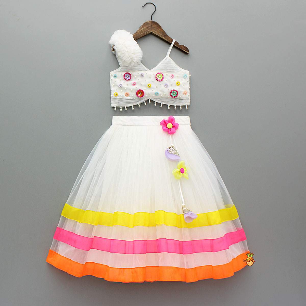 Pre Order: Spaghetti Straps Top And Fabric Flower Tassels Enhanced Lehenga With Dual Tone Stylish Dupatta
