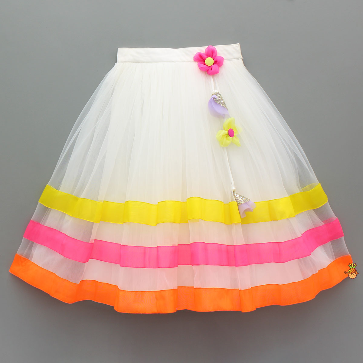 Pre Order: Spaghetti Straps Top And Fabric Flower Tassels Enhanced Lehenga With Dual Tone Stylish Dupatta