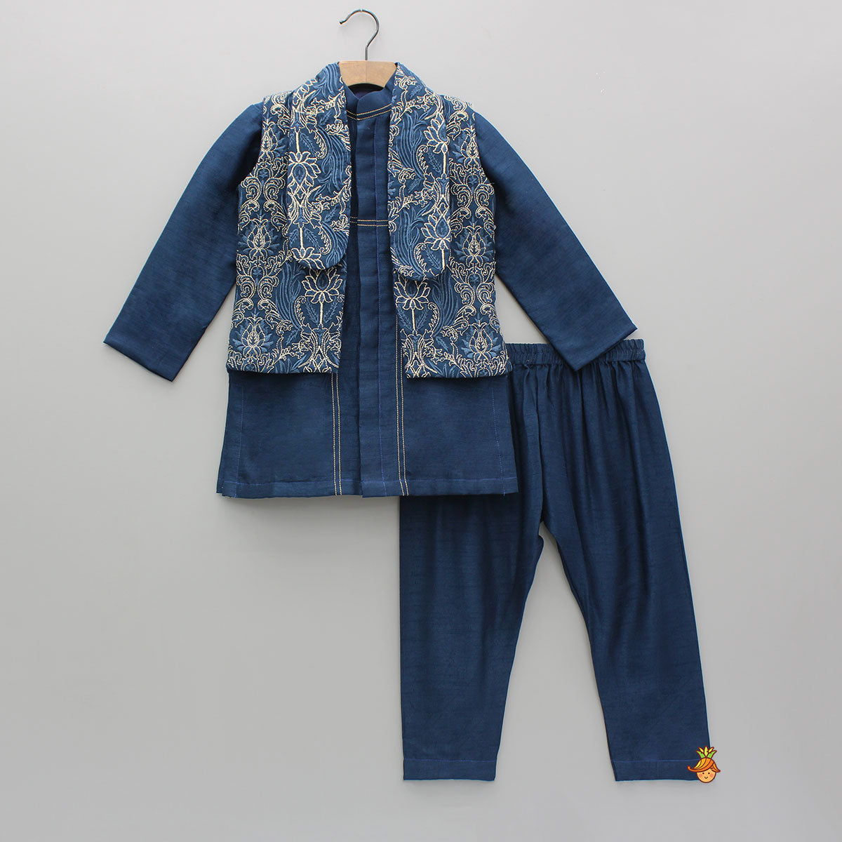 Pre Order: Stylish Blue Kurta With Embroidered Front Open Jacket And Pyjama