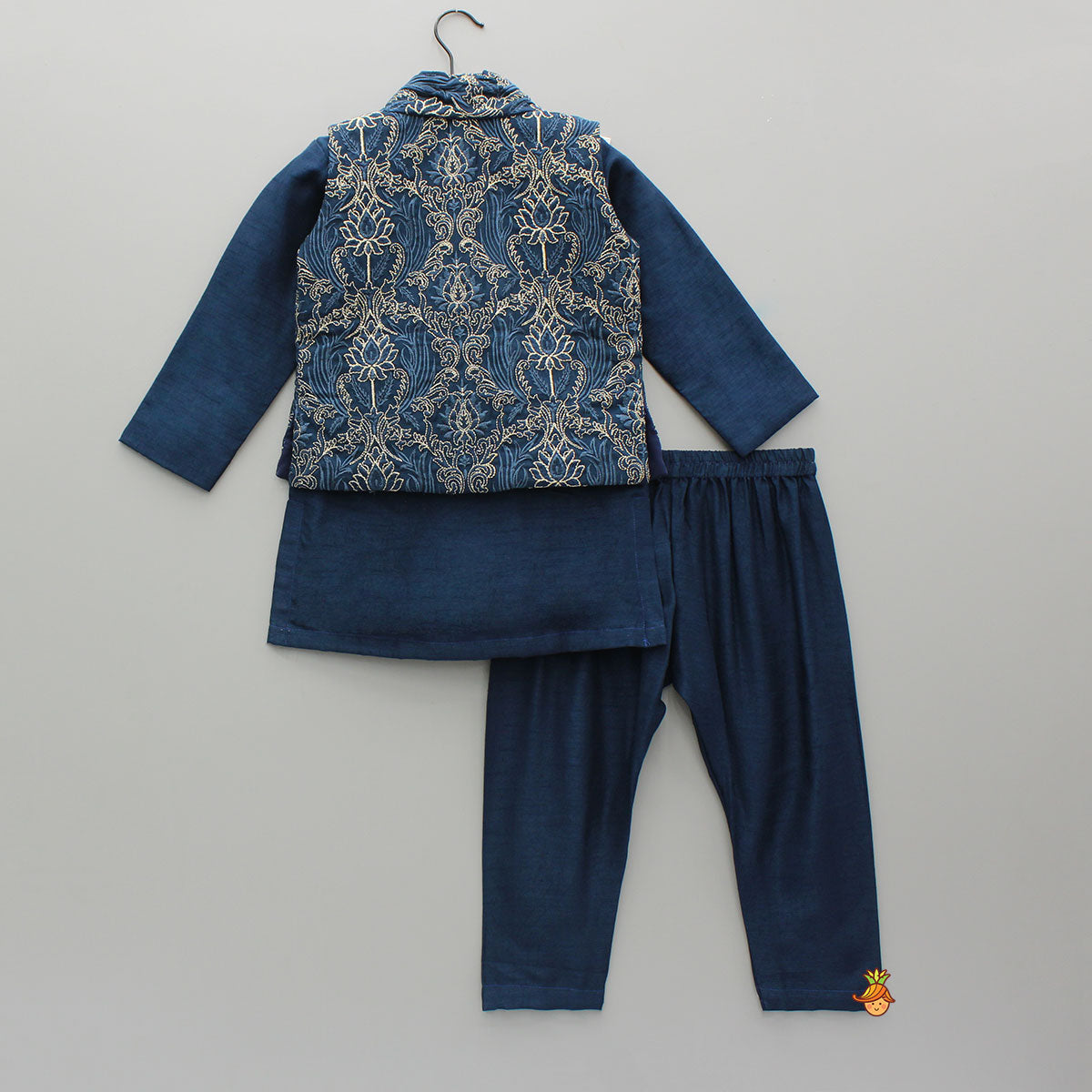 Pre Order: Stylish Blue Kurta With Embroidered Front Open Jacket And Pyjama