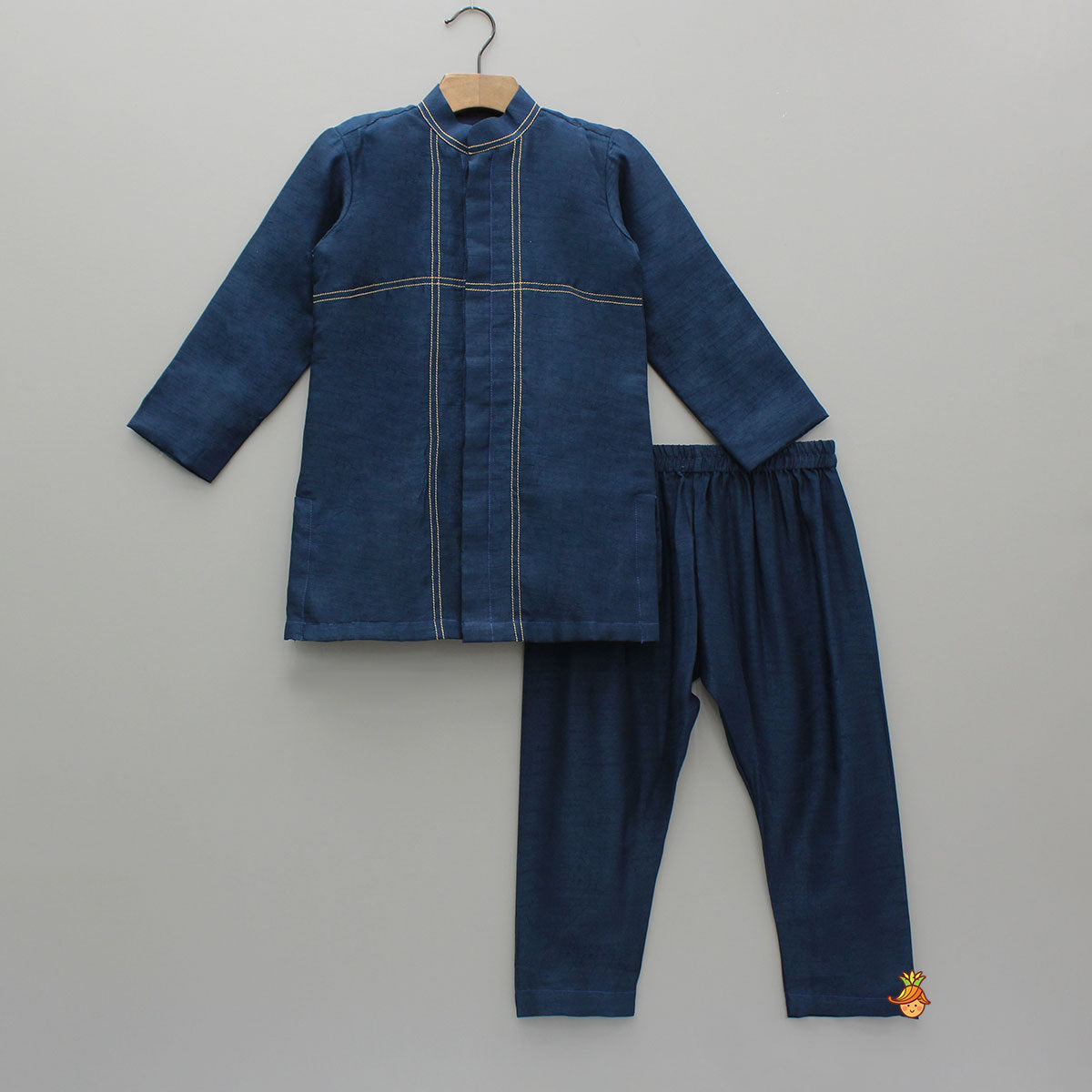 Pre Order: Stylish Blue Kurta With Embroidered Front Open Jacket And Pyjama