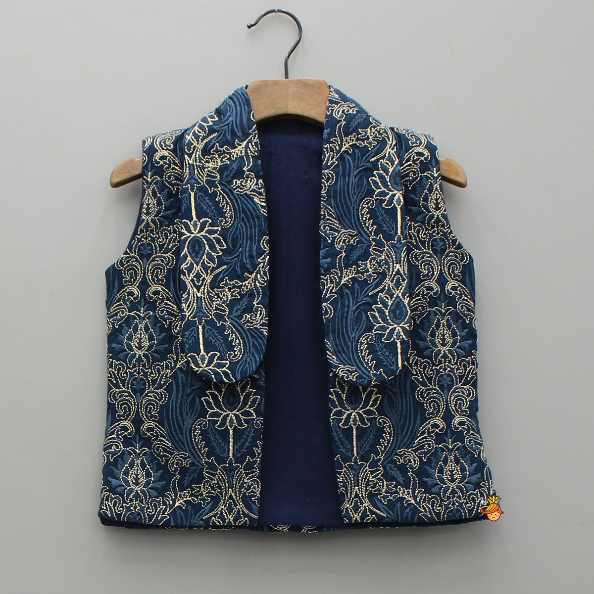 Pre Order: Stylish Blue Kurta With Embroidered Front Open Jacket And Pyjama