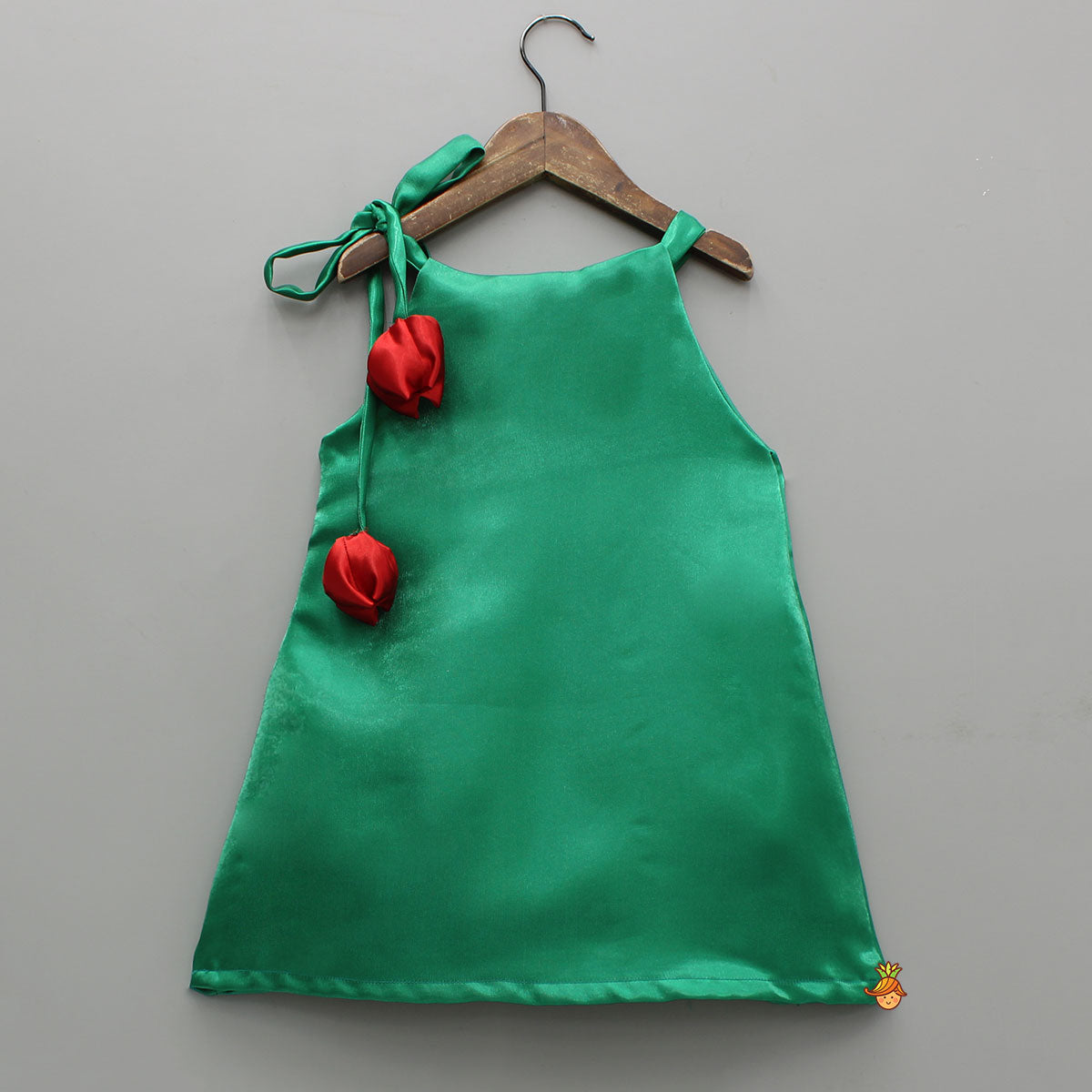 Pre Order: Sheen Green Satin Pleated Dress With Red Floral Tie-Up Detail