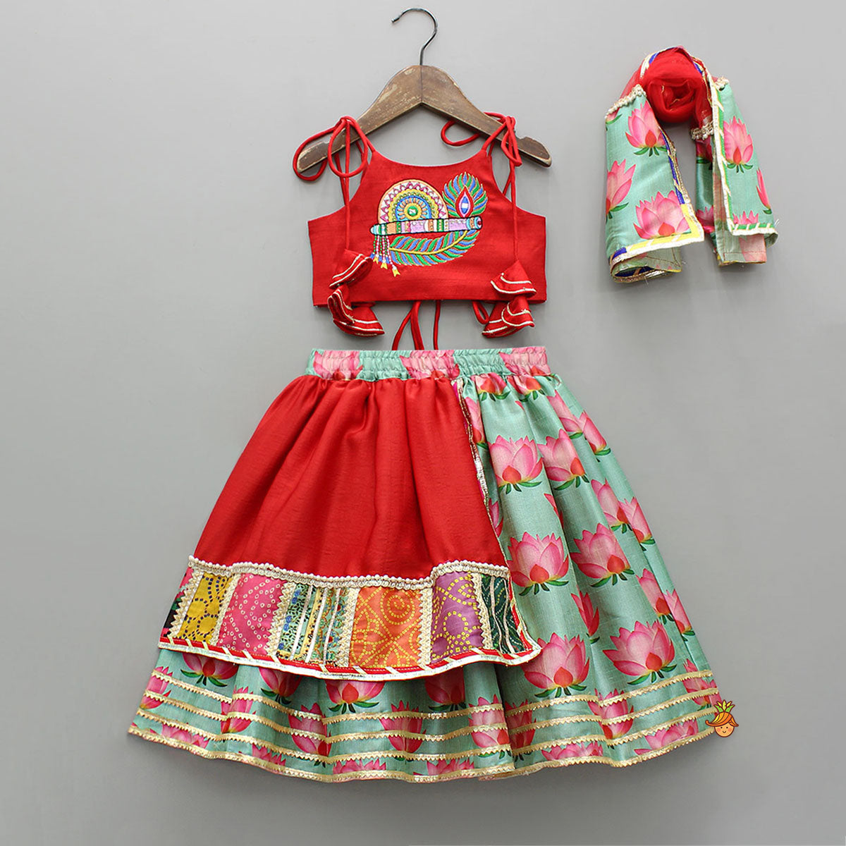 Pre Order: Red Embroidered Strappy Top With Lehenga And Dupatta