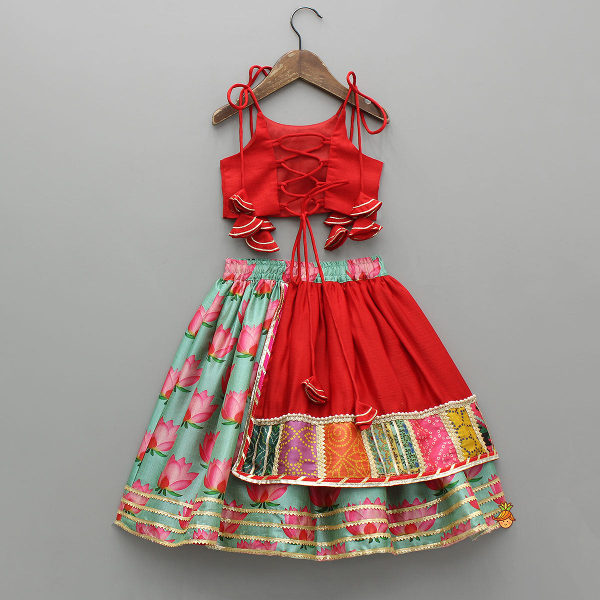 Pre Order: Red Embroidered Strappy Top With Lehenga And Dupatta