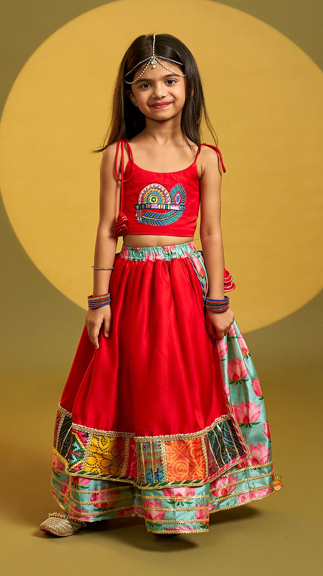 Pre Order: Red Embroidered Strappy Top With Lehenga And Dupatta