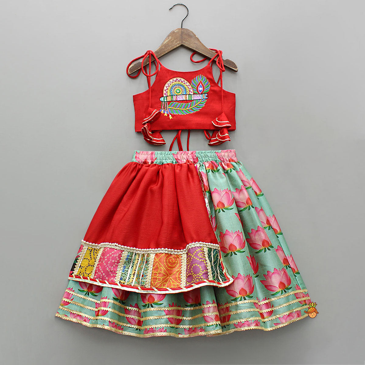 Pre Order: Red Embroidered Strappy Top With Lehenga And Dupatta