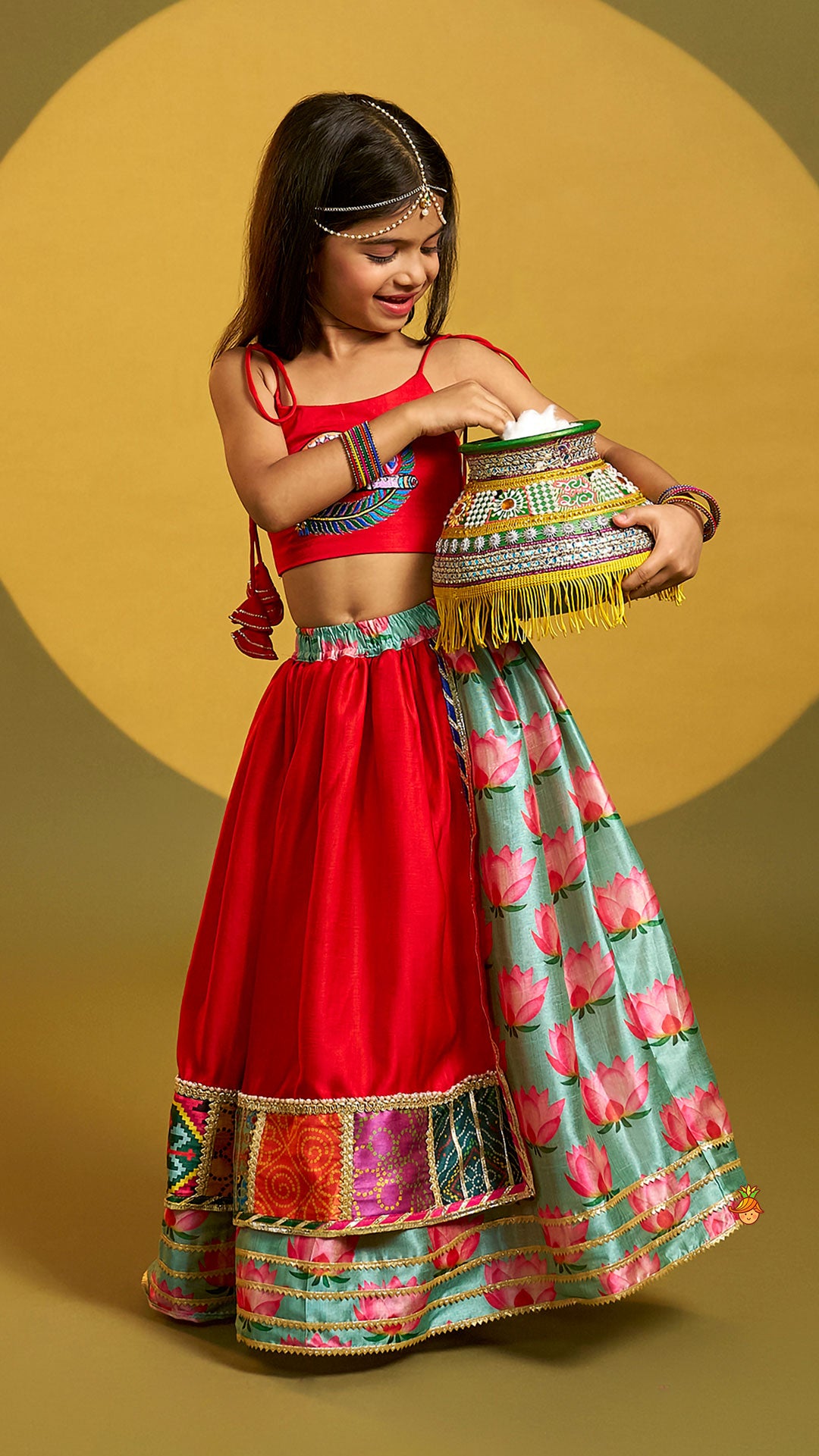 Pre Order: Red Embroidered Strappy Top With Lehenga And Dupatta