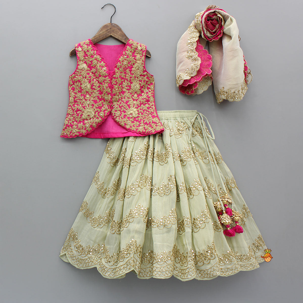 Pre Order: Exquisite Waistcoat Style Embroidered Top With Shimmery Lehenga And Shimmery Dupatta