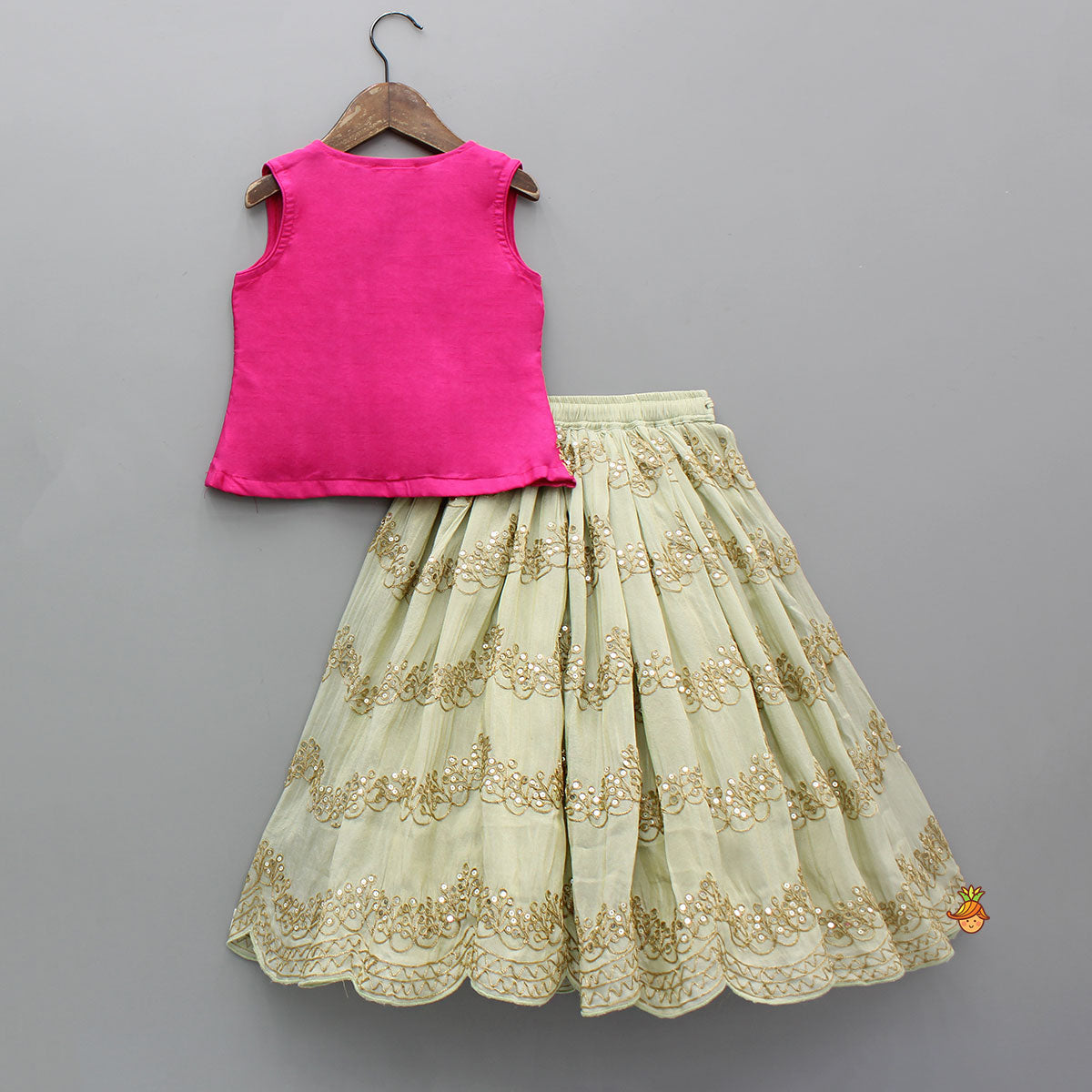 Pre Order: Exquisite Waistcoat Style Embroidered Top With Shimmery Lehenga And Shimmery Dupatta