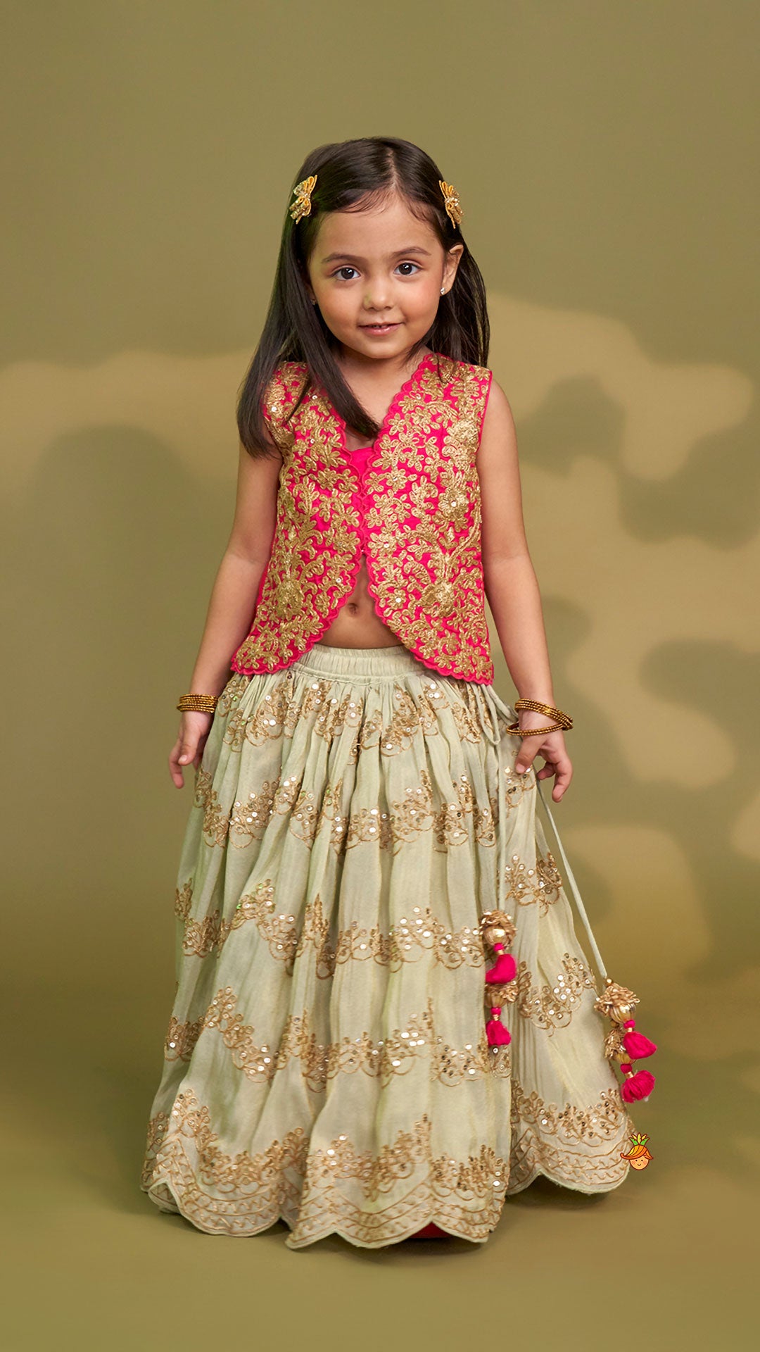 Pre Order: Exquisite Waistcoat Style Embroidered Top With Shimmery Lehenga And Shimmery Dupatta