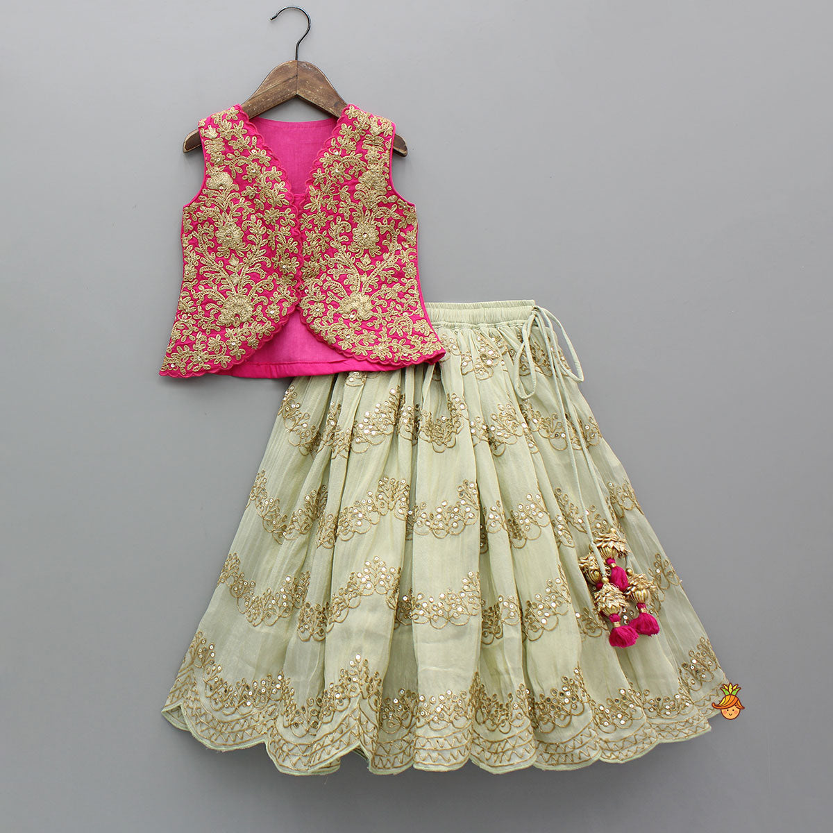 Pre Order: Exquisite Waistcoat Style Embroidered Top With Shimmery Lehenga And Shimmery Dupatta