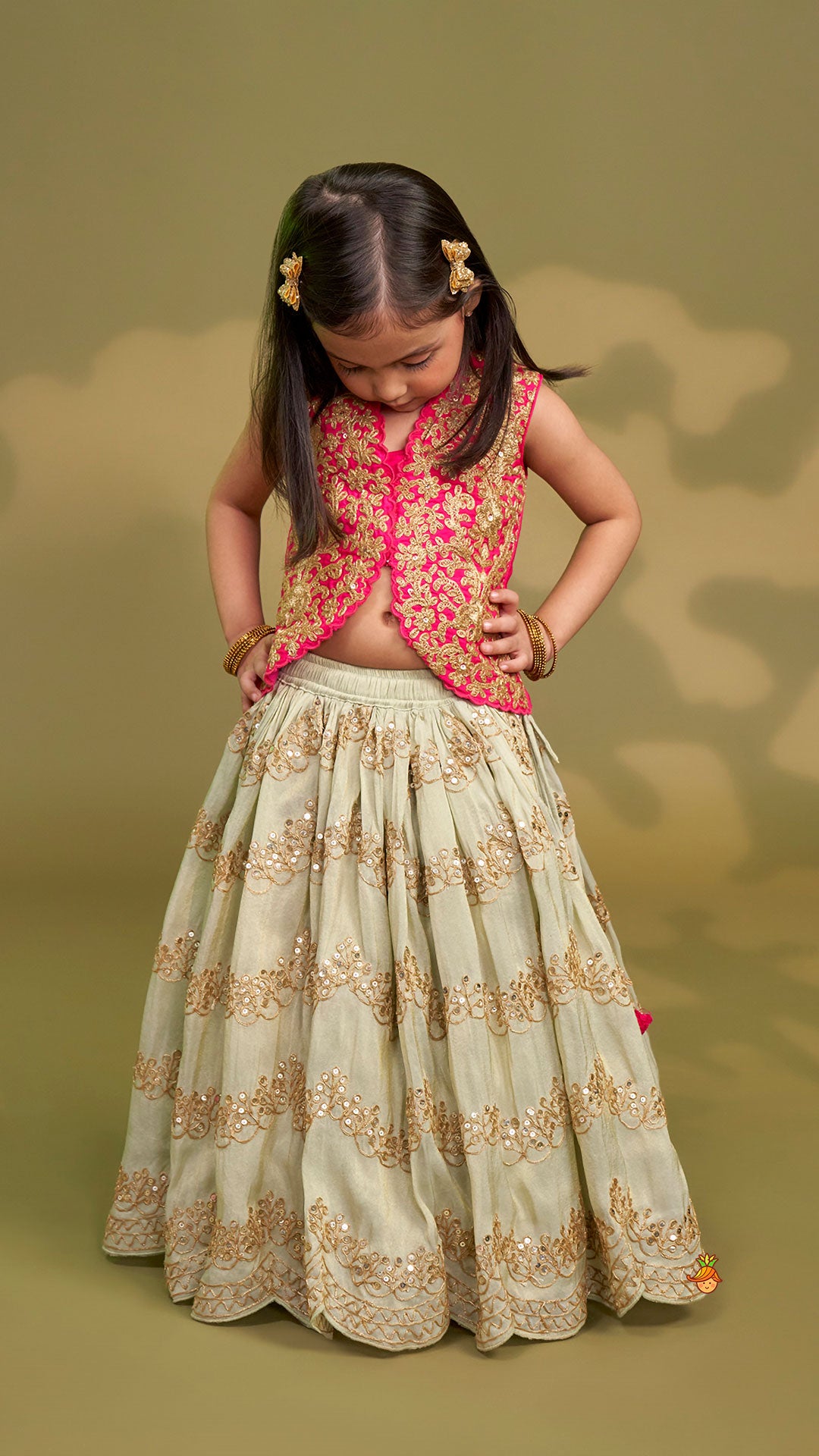 Pre Order: Exquisite Waistcoat Style Embroidered Top With Shimmery Lehenga And Shimmery Dupatta