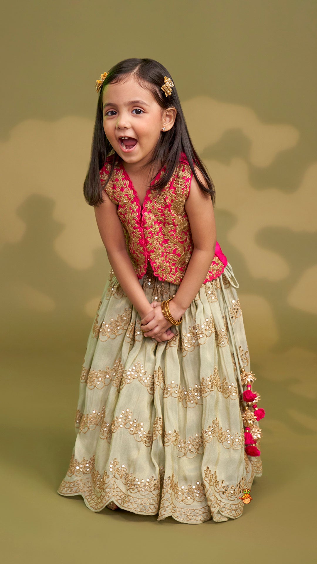 Pre Order: Exquisite Waistcoat Style Embroidered Top With Shimmery Lehenga And Shimmery Dupatta