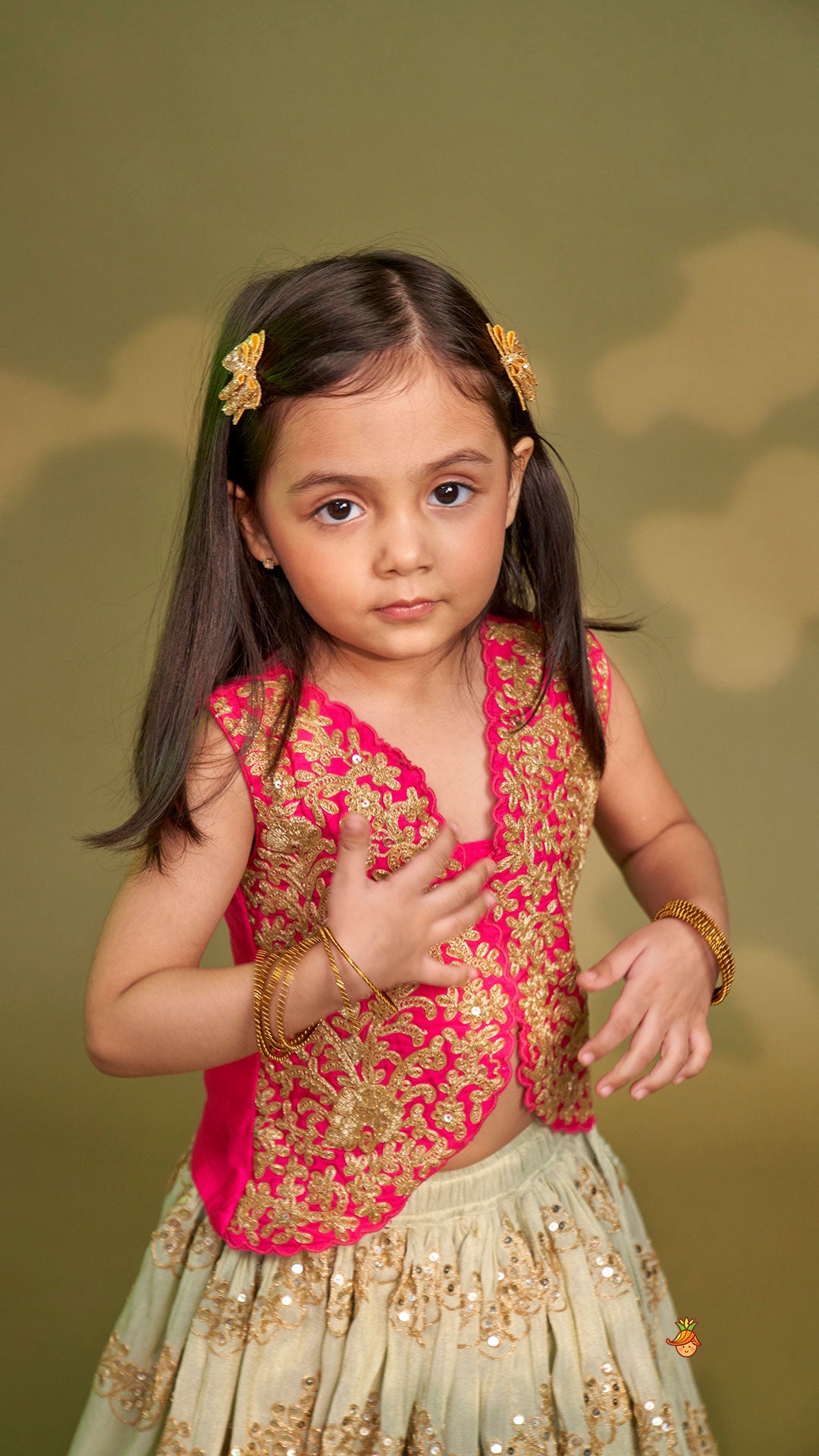 Pre Order: Exquisite Waistcoat Style Embroidered Top With Shimmery Lehenga And Shimmery Dupatta