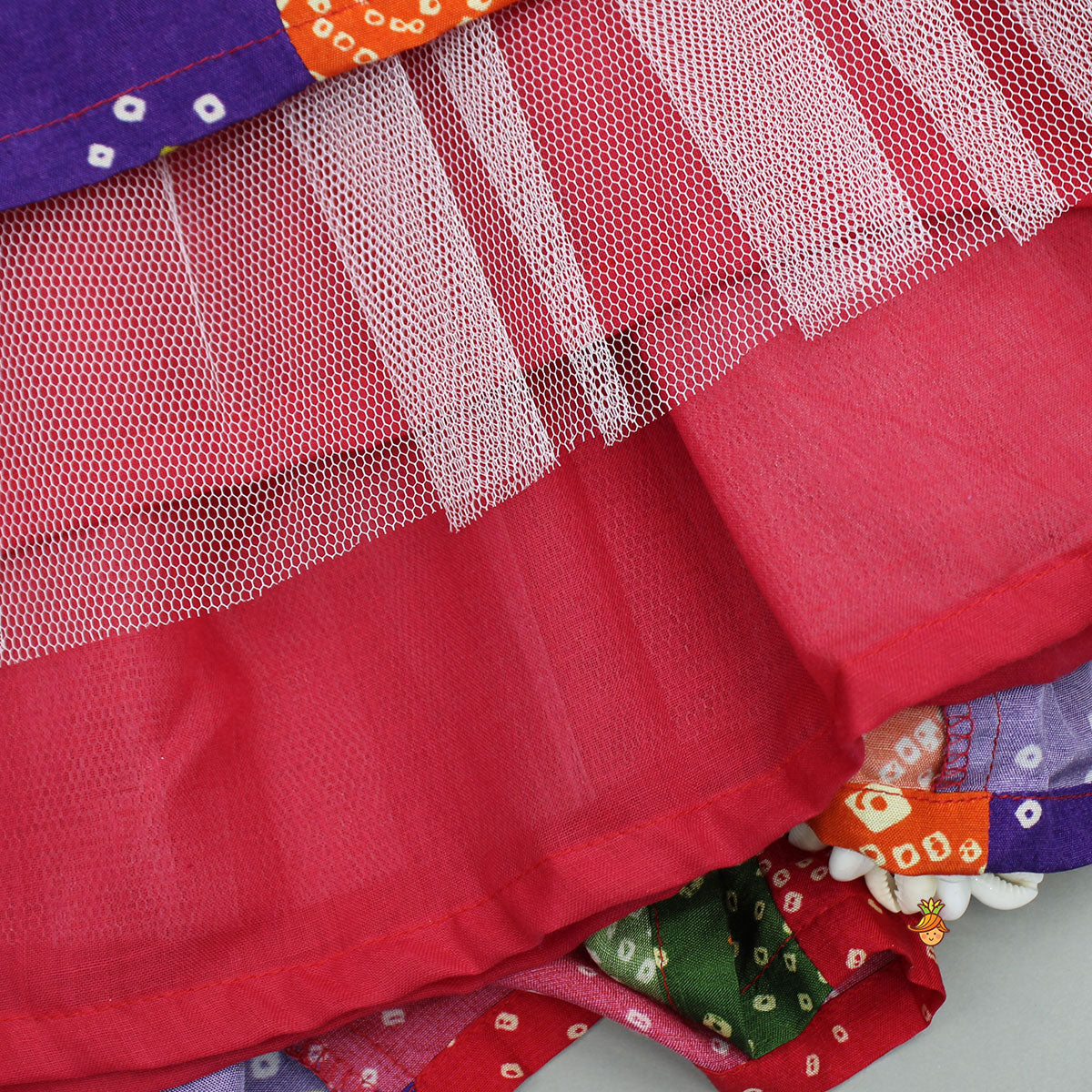 Pre Order: Beautiful Mirror Hand Embroidered Tie-up Top With Multicolour Bandhani Printed Lehenga And Bandana