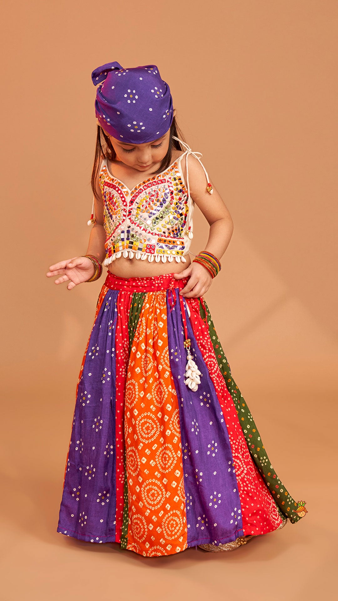Pre Order: Beautiful Mirror Hand Embroidered Tie-up Top With Multicolour Bandhani Printed Lehenga And Bandana