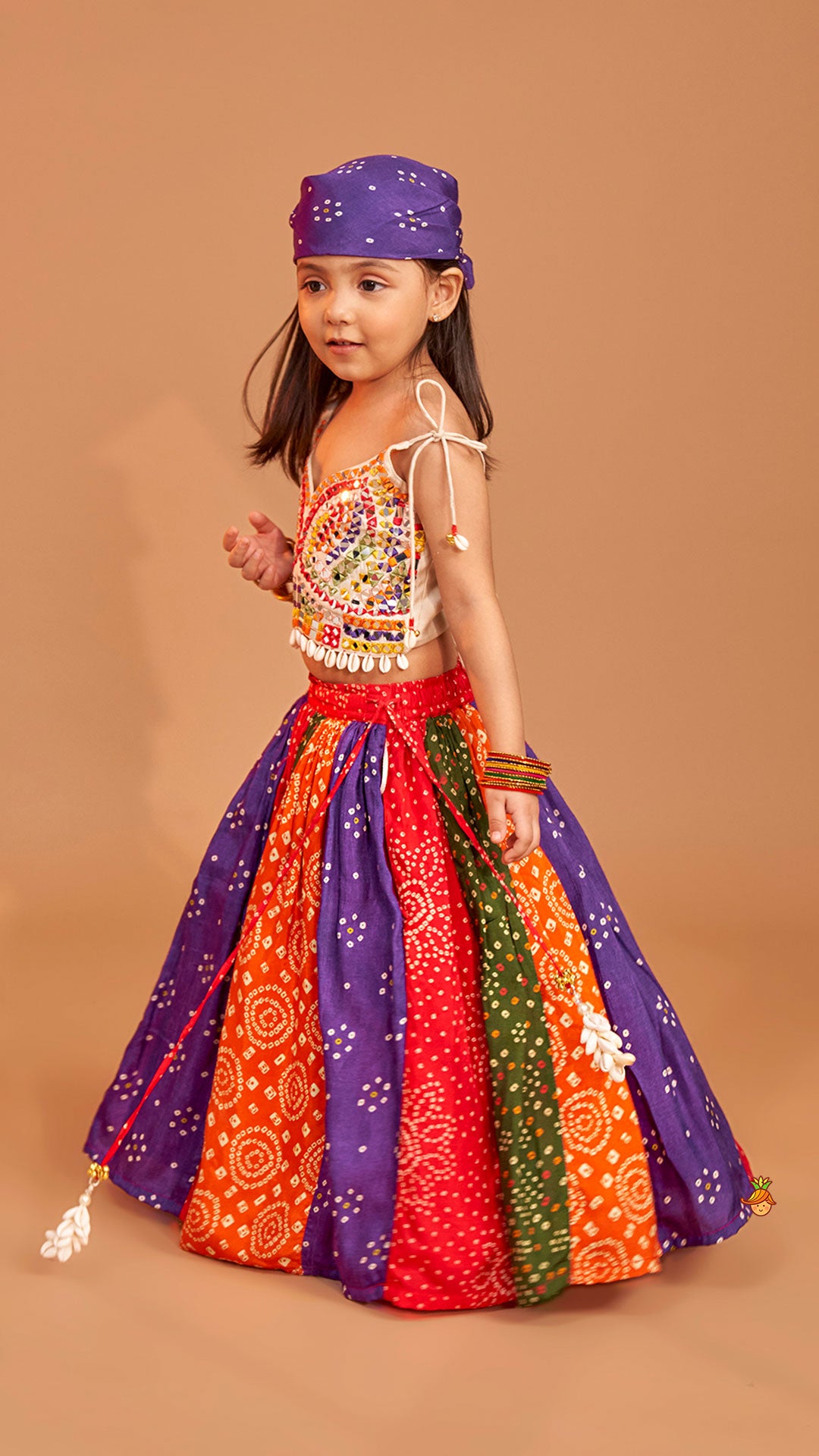 Pre Order: Beautiful Mirror Hand Embroidered Tie-up Top With Multicolour Bandhani Printed Lehenga And Bandana