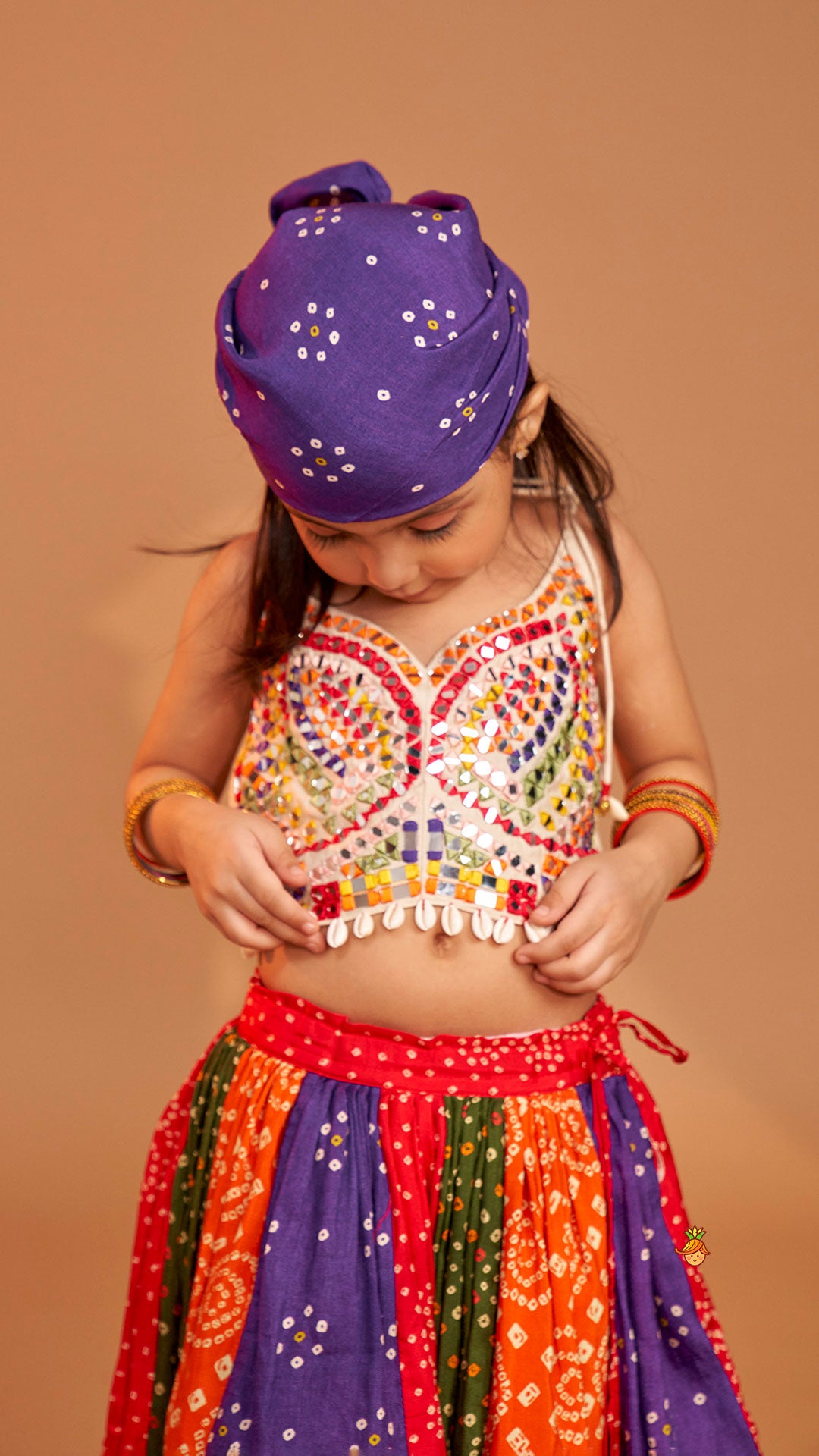 Pre Order: Beautiful Mirror Hand Embroidered Tie-up Top With Multicolour Bandhani Printed Lehenga And Bandana